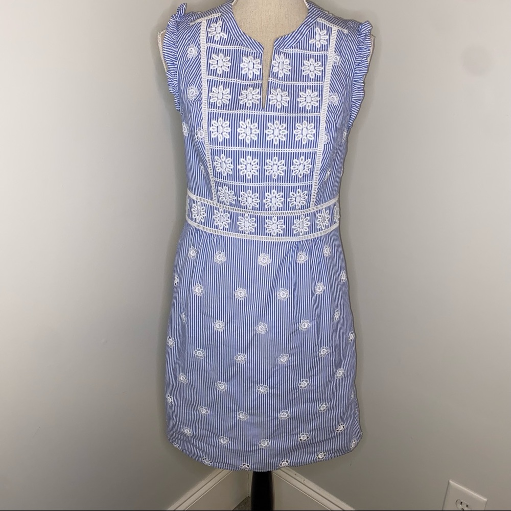 Boden blue & white striped embroidered sheath sleeveless dress size 6 LIKE NEW